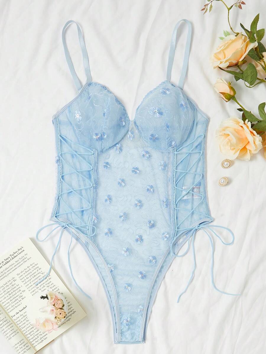 Floral Embroidery Lace Up Side Underwire Teddy Bodysuit - Blue - View 1