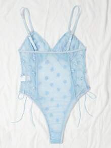 Floral Embroidery Lace Up Side Underwire Teddy Bodysuit - Blue - View 2