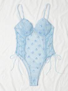 Floral Embroidery Lace Up Side Underwire Teddy Bodysuit - Blue - View 5