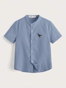 SHEIN Young Boy Dinosaur Print Button Front Shirt - Dusty Blue - View 1