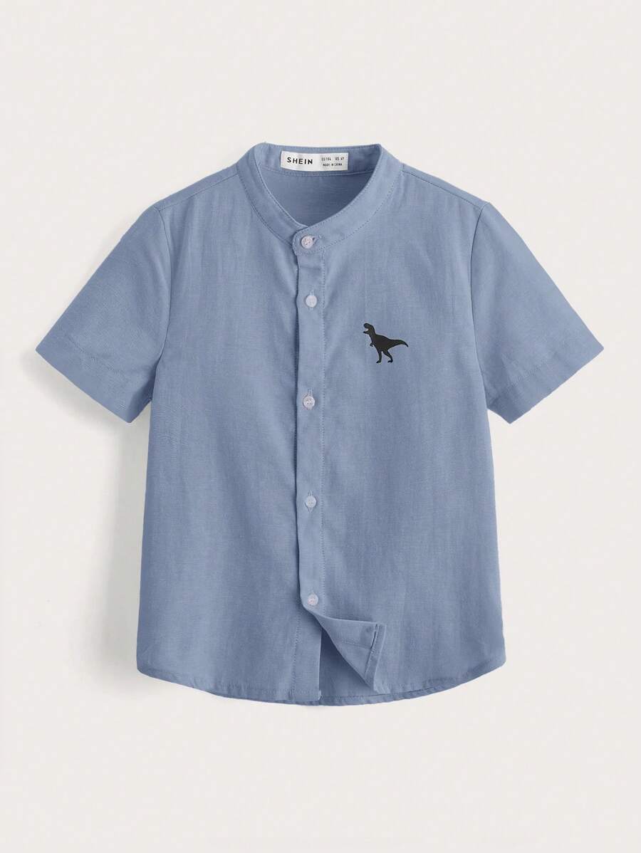SHEIN Young Boy Dinosaur Print Button Front Shirt - Dusty Blue - View 1