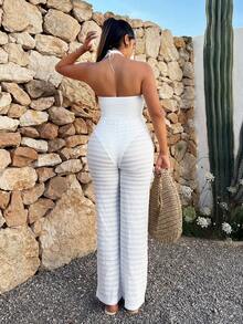 SHEIN SXY 前繫帶繞頸緊身連體衣&喇叭褲 - 白色 - 查看 2