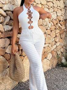 SHEIN SXY 前繫帶繞頸緊身連體衣&喇叭褲 - 白色 - 查看 3