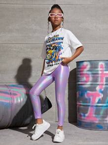 SHEIN Tween Girl Holographic High Waist Leggings