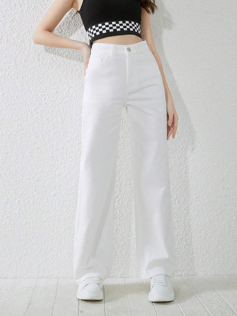 SHEIN 少女白色水洗直筒休闲牛仔裤，百搭四季皆宜