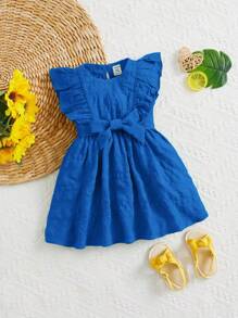 SHEIN Sweet And Cute Princess Style Baby Girls' Dress With Jacquard Pattern And Ruffle Belted Hem - Blue - View 1