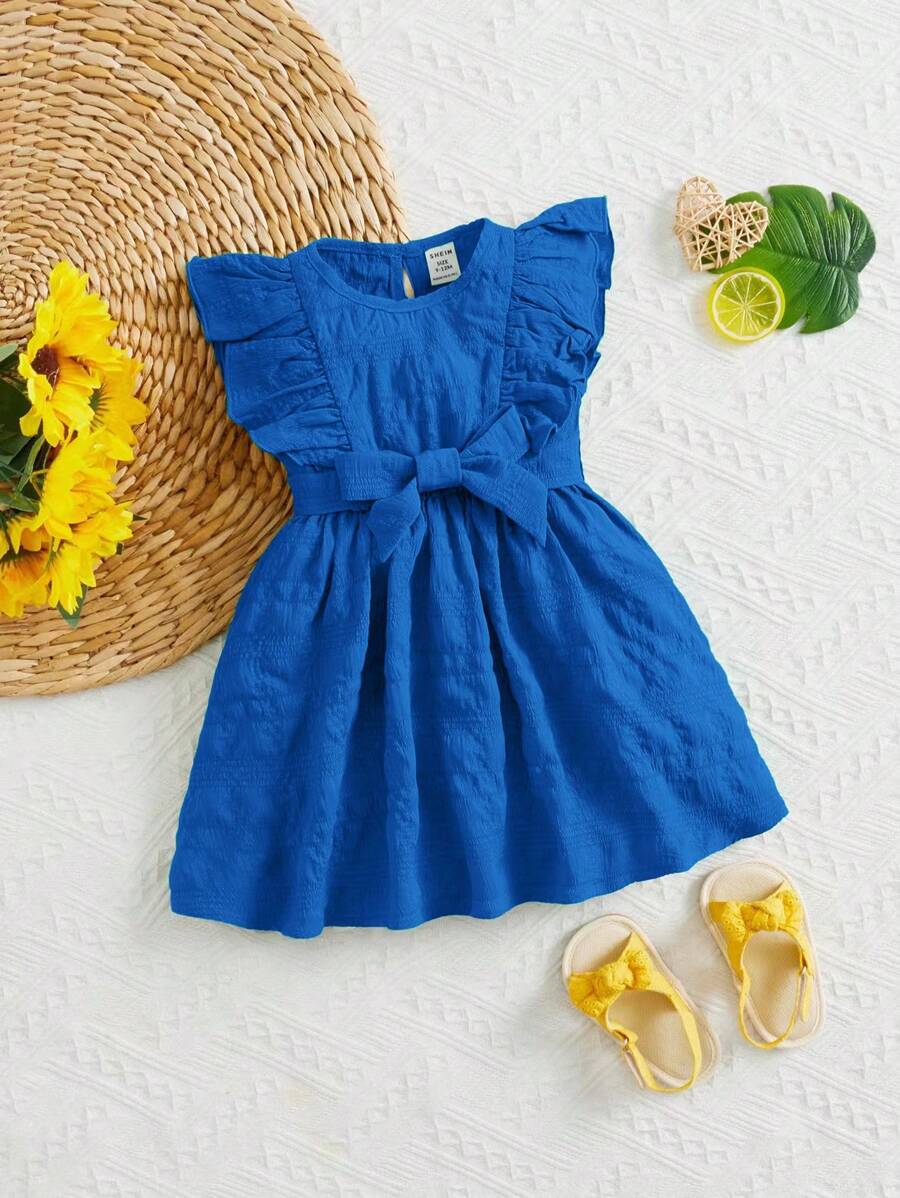 SHEIN Sweet And Cute Princess Style Baby Girls' Dress With Jacquard Pattern And Ruffle Belted Hem - Blue - View 1