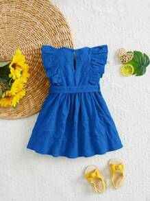 SHEIN Sweet And Cute Princess Style Baby Girls' Dress With Jacquard Pattern And Ruffle Belted Hem - Blue - View 2