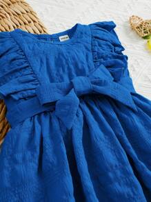 SHEIN Sweet And Cute Princess Style Baby Girls' Dress With Jacquard Pattern And Ruffle Belted Hem - Blue - View 4