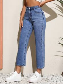 SHEIN PETITE Solid Slant Pocket Jeans