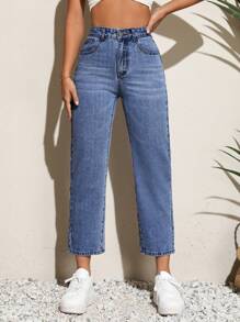 SHEIN PETITE Solid Slant Pocket Jeans