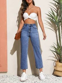SHEIN PETITE Solid Slant Pocket Jeans