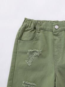 Tween Boy Ripped Slant Pocket Denim Shorts - Army Green - View 4