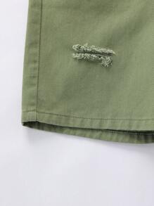 Tween Boy Ripped Slant Pocket Denim Shorts - Army Green - View 5
