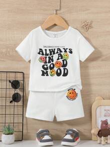 SHEIN 男嬰標語和卡通圖案T恤和短褲 - 白色 - 查看 1
