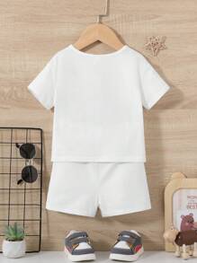 SHEIN 男嬰標語和卡通圖案T恤和短褲 - 白色 - 查看 2