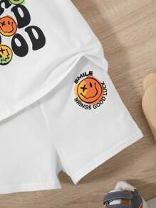 SHEIN 男嬰標語和卡通圖案T恤和短褲 - 白色 - 查看 4