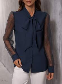 SHEIN Clasi 網紗拼接繫帶領襯衫 - 藏蓝色 - 查看 3