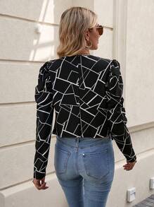 SHEIN Clasi Geo Print Gigot Sleeve Zip Up Jacket - Black - View 2