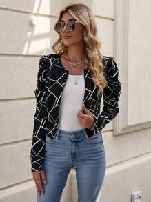 SHEIN Clasi Geo Print Gigot Sleeve Zip Up Jacket - Black - View 4