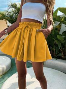 SHEIN VCAY Paperbag Waist Knot Front Wide Leg Shorts - Yellow - View 5