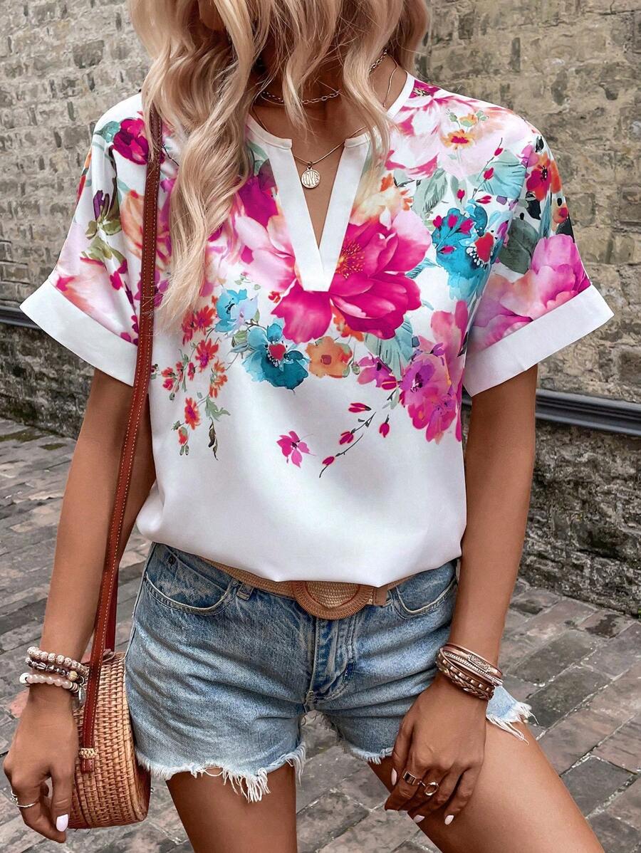 SHEIN LUNE In hoa Đường viền cổ có rãnh tay cánh Áo sơ mi - Nhiều màu - Xem 1