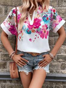 SHEIN LUNE In hoa Đường viền cổ có rãnh tay cánh Áo sơ mi - Nhiều màu - Xem 5