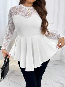 SHEIN Privé Hơn Ren tương phản Xoay eo Áo thun - trắng - Xem 5