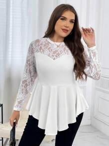 SHEIN Privé Hơn Ren tương phản Xoay eo Áo thun - trắng - Xem 3