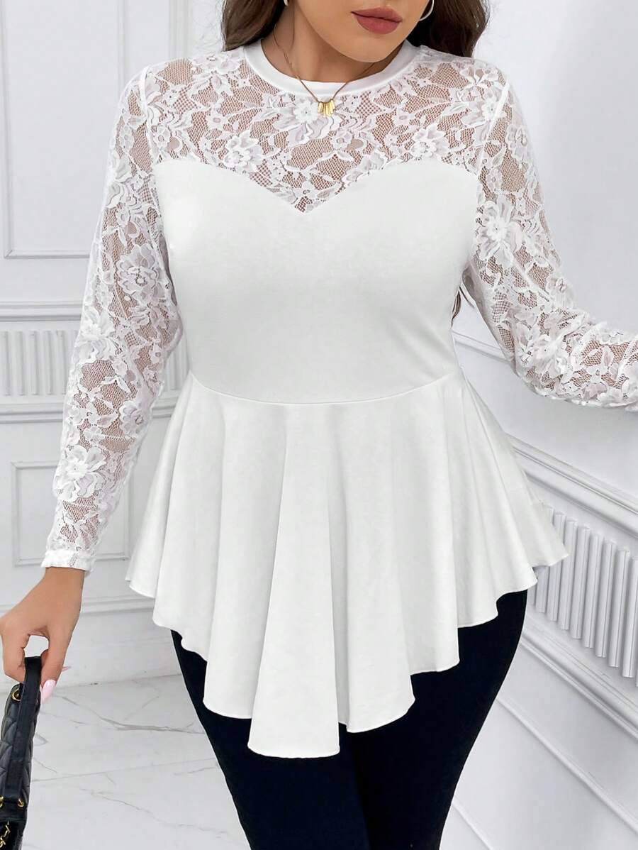 SHEIN Privé Hơn Ren tương phản Xoay eo Áo thun - trắng - Xem 1