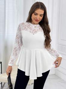 SHEIN Privé Hơn Ren tương phản Xoay eo Áo thun - trắng - Xem 6
