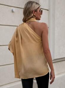 SHEIN Clasi Blusa unicolor de un hombro con diseño fruncido de manga murciélago - Caqui - Ver 2