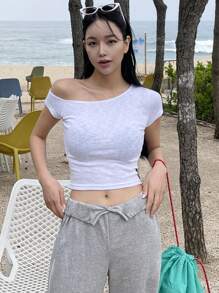 DAZY Solid Asymmetrical Neck Crop Tee,Back To School Clothes Preppy Tops - White - View 5