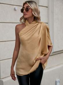 SHEIN Clasi Blusa unicolor de un hombro con diseño fruncido de manga murciélago - Caqui - Ver 4