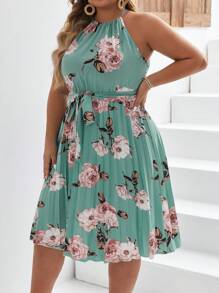 SHEIN Frenchy 大碼印花百褶下擺腰帶掛脖連衣裙 - 綠色 - 查看 3