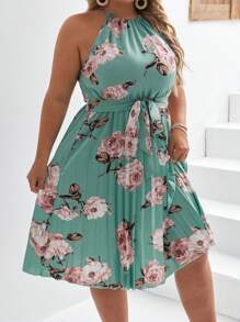 SHEIN Frenchy 大碼印花百褶下擺腰帶掛脖連衣裙 - 綠色 - 查看 5