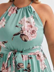 SHEIN Frenchy 大碼印花百褶下擺腰帶掛脖連衣裙 - 綠色 - 查看 6