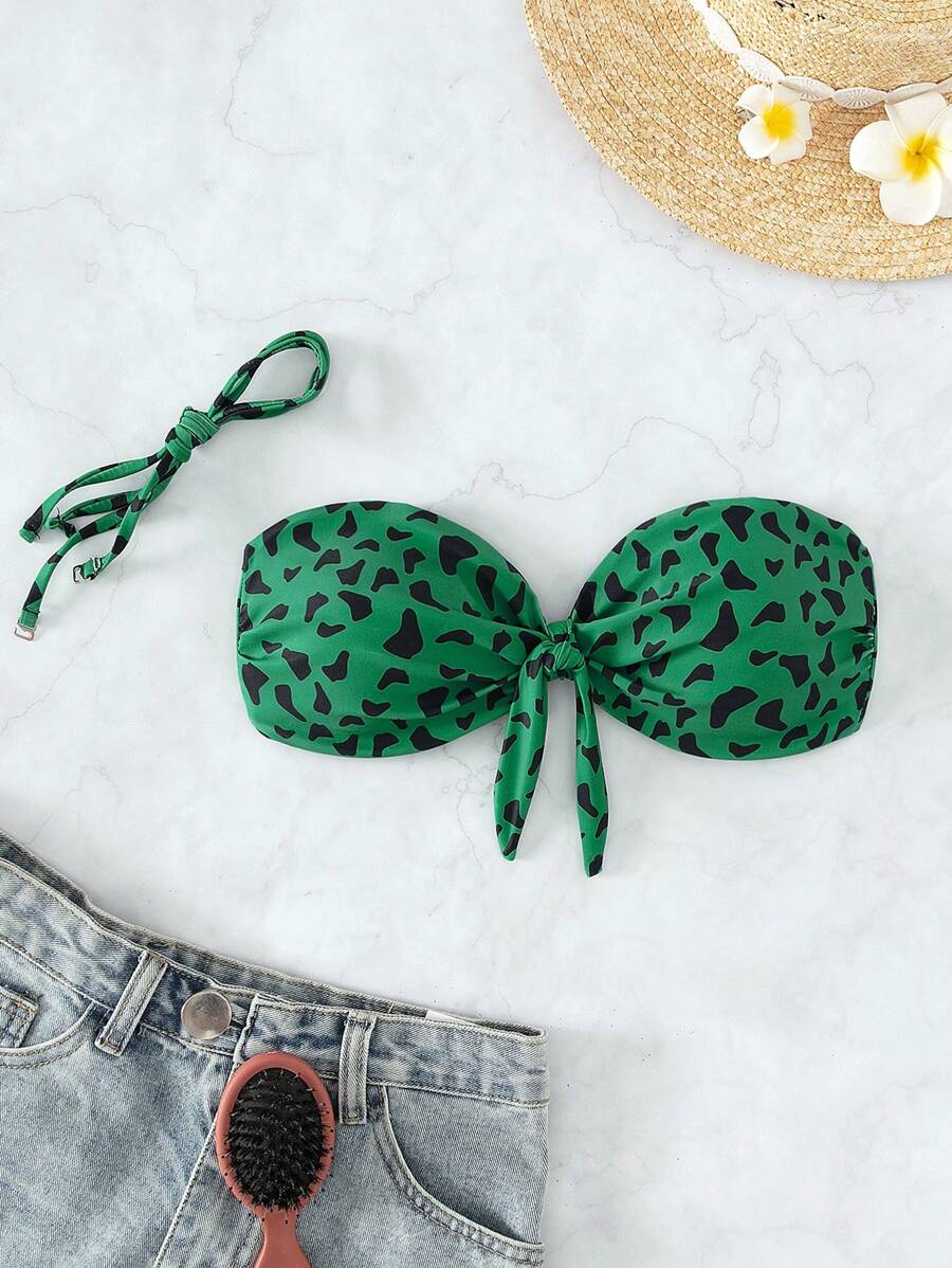 滿版印花前打結抹胸比基尼上衣 - 綠色 - 查看 1