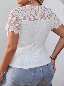 SHEIN VCAY Áo thun Plus size Nút Tương phản ren Tranh thêu màu trơn Giải trí - trắng - Xem 3