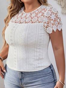 SHEIN VCAY Áo thun Plus size Nút Tương phản ren Tranh thêu màu trơn Giải trí - trắng - Xem 5