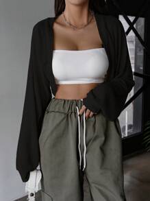 DAZY Solid Open Front Crop Top,Fall Clothes Long Sleeve Women Tops