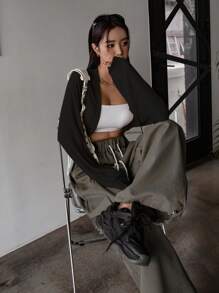 DAZY Solid Open Front Crop Top,Fall Clothes Long Sleeve Women Tops