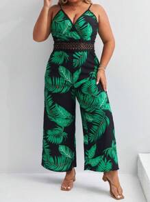 SHEIN Frenchy 大碼熱帶圖案水溶蕾絲拼接吊帶連體褲 - 彩色 - 查看 1