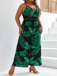 SHEIN Frenchy 大碼熱帶圖案水溶蕾絲拼接吊帶連體褲 - 彩色 - 查看 6