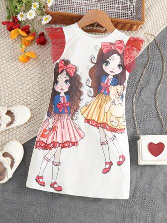 女小童人像圖案荷葉邊連衣裙