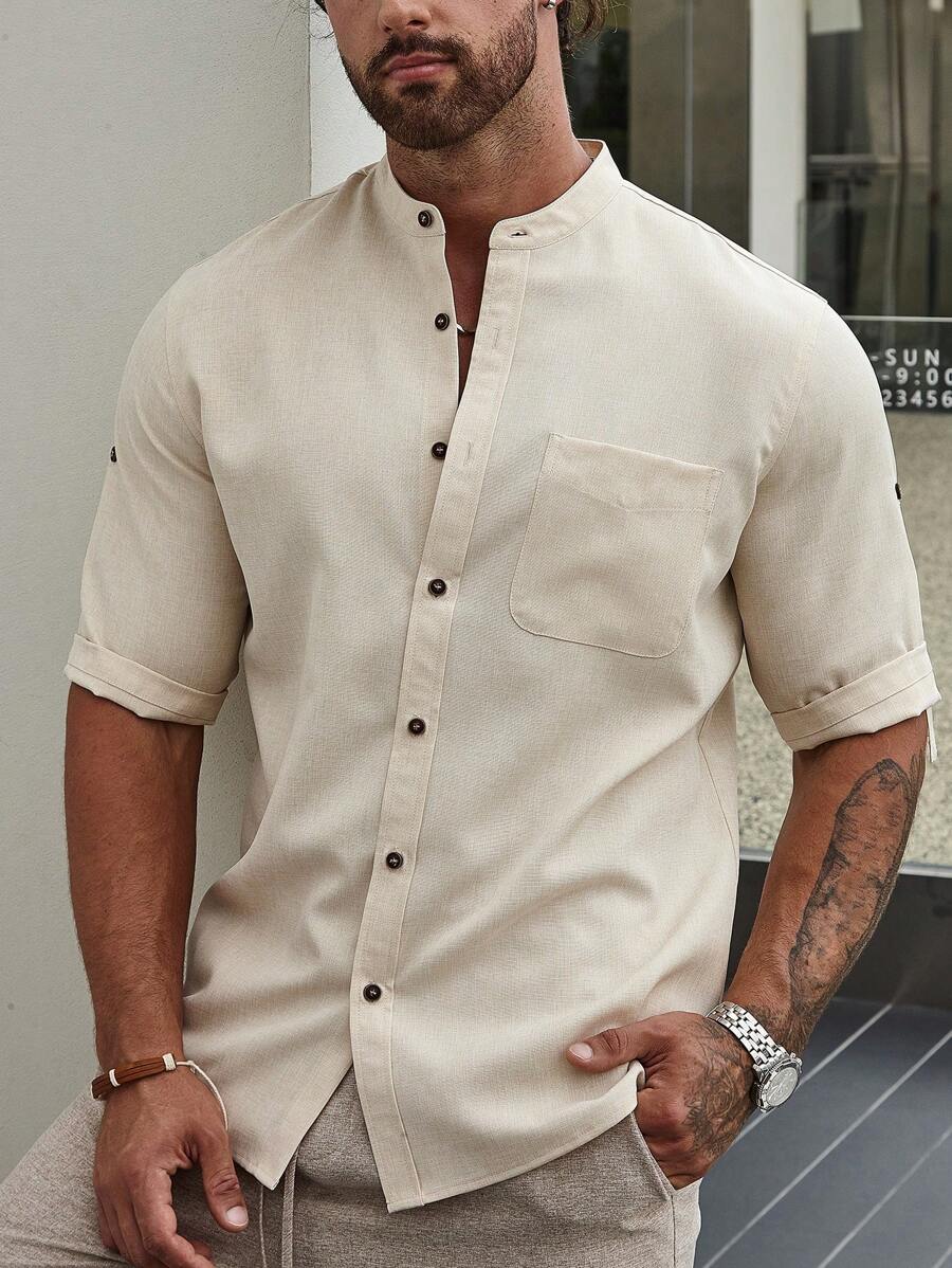 Manfinity Homme 宽松版型男士纯色纽扣纯色长袖衬衫,带贴袋,适合丈夫外出 - 杏色 - 查看 1