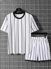Manfinity Homme Men Plus Striped Print Tee & Shorts - White - View 5