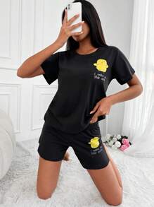 EURMUSE Cartoon & Slogan Graphic PJ Set - Black - View 1