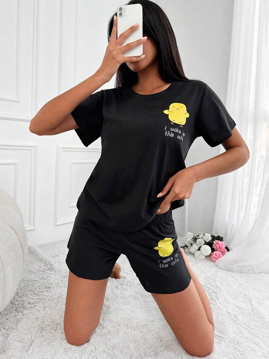EURMUSE Cartoon & Slogan Graphic PJ Set - Black - View 1
