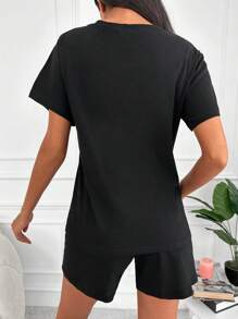 EURMUSE Cartoon & Slogan Graphic PJ Set - Black - View 2